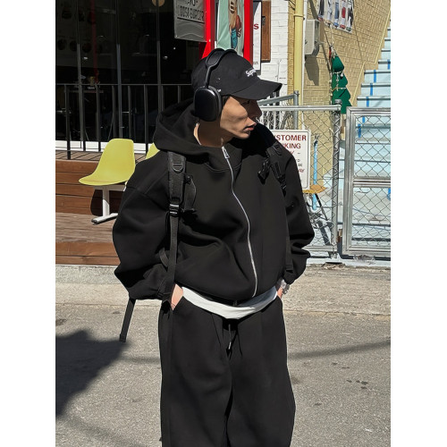 加絨連帽衛衣套裝男士春秋季美式重磅拉鍊外套寬松休閒運動風衛褲