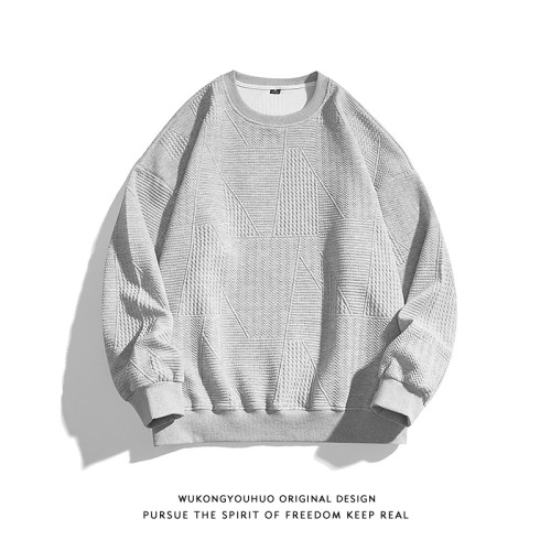 悟空有貨秋季復古華夫紋理圓領衛衣男潮牌寬鬆情侶休閒百搭打底衫