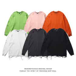 悟空有貨歐美高街刀割破洞圓領衛衣男潮牌嘻哈乞丐風休閒打底上衣