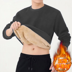 秋冬加絨加厚羊羔絨衛衣男士休閒圓領套頭寬松保暖防寒外套打底衫