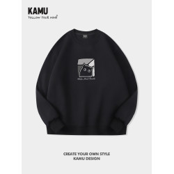 日系簡約圓領衛衣男百搭2025秋冬款潮牌無帽長袖加絨加厚寬松上衣