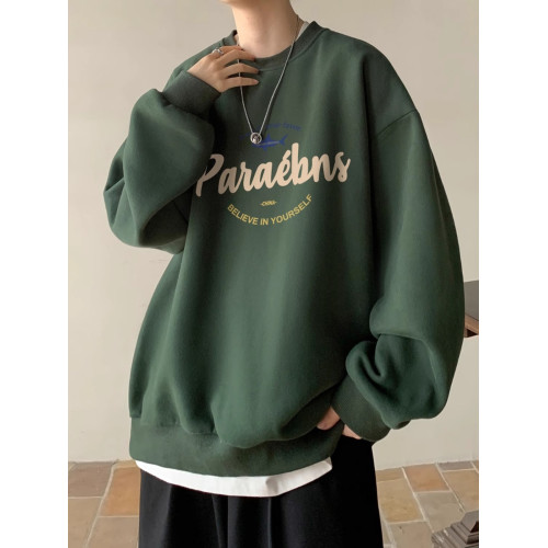 墨綠色美式字母印花港風無帽圓領衛衣男秋冬加絨加厚百搭潮流外套 墨綠色美式字母印花港風無帽圓領衛衣男秋冬加絨加厚百搭潮流外套