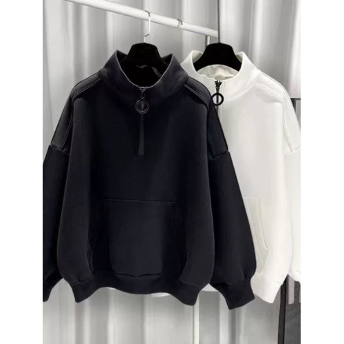 港風半高領衛衣男加絨潮流百搭寬松拉鍊純色男生衣服長袖2025新款