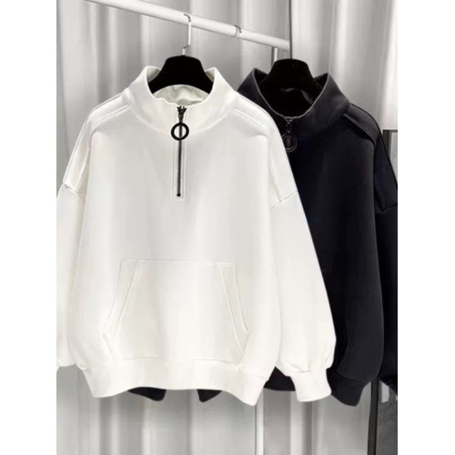 港風半高領衛衣男加絨潮流百搭寬松拉鍊純色男生衣服長袖2025新款