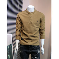 歐洲站秋冬新款帥氣衛衣男潮休閒簡約純色刺綉潮男亨利領長袖T恤