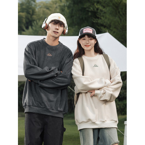 美式350g重磅麂皮絨衛衣冬季復古情侶加絨保暖休閒寬松長袖上衣男