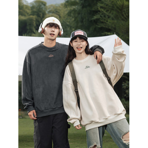 美式350g重磅麂皮絨衛衣冬季復古情侶加絨保暖休閒寬松長袖上衣男