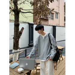 ONELYC1NS 假兩件純色長袖衛衣男早秋寬松百搭潮流情侶上衣套頭