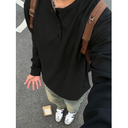 黑色美式亨利領衛衣男款秋冬加絨華夫格長袖t恤高級感內搭打底衫