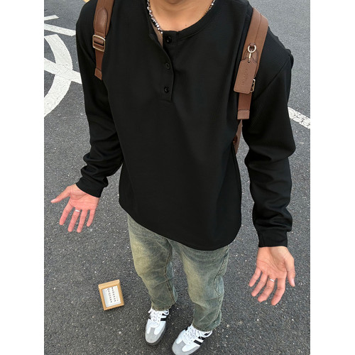 黑色美式亨利領衛衣男款秋冬加絨華夫格長袖t恤高級感內搭打底衫 黑色美式亨利領衛衣男款秋冬加絨華夫格長袖t恤高級感內搭打底衫