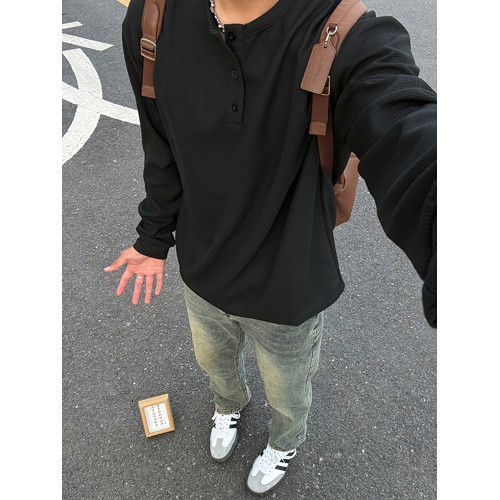 黑色美式亨利領衛衣男款秋冬加絨華夫格長袖t恤高級感內搭打底衫 黑色美式亨利領衛衣男款秋冬加絨華夫格長袖t恤高級感內搭打底衫