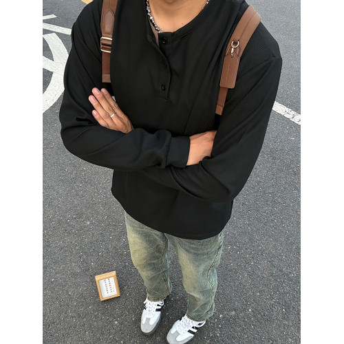 黑色美式亨利領衛衣男款秋冬加絨華夫格長袖t恤高級感內搭打底衫 黑色美式亨利領衛衣男款秋冬加絨華夫格長袖t恤高級感內搭打底衫