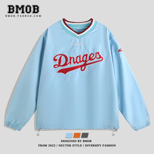 BMOB美式vibe運動長袖衛衣男女秋季高街寬松國潮嘻哈復古V領球衣