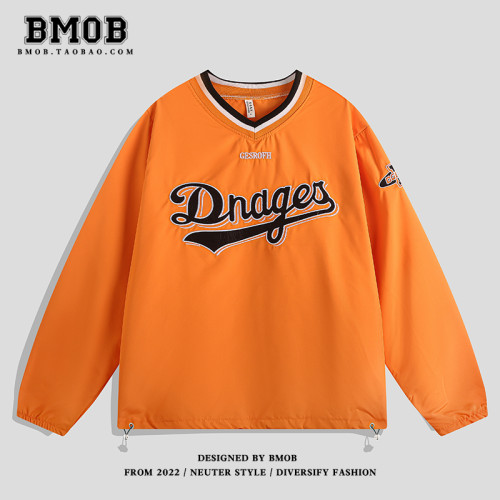 BMOB美式vibe運動長袖衛衣男女秋季高街寬松國潮嘻哈復古V領球衣