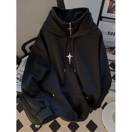 春秋套頭高領衛衣男休閒潮牌運動日系復古痞帥青少年潮流連帽外套