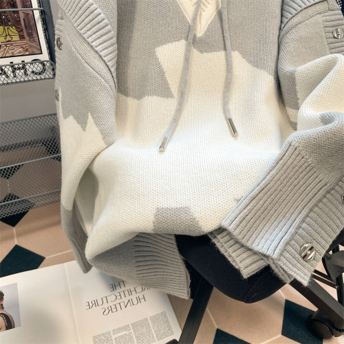 美式chic慵懶風撞色假兩件針織衛衣男女春秋季國潮設計感連帽外套 美式chic慵懶風撞色假兩件針織衛衣男女春秋季國潮設計感連帽外套