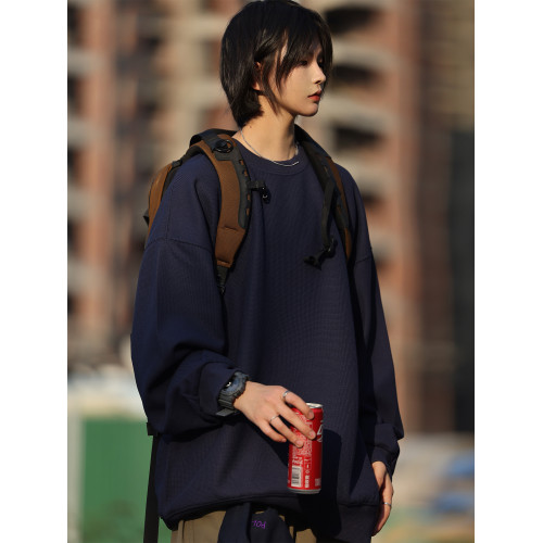 Nobobodyknows春秋重磅潮休閒華夫格衛衣男日系純色長袖女打底T恤