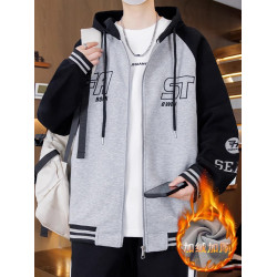 2025新款加絨厚連帽開衫衛衣男生秋冬季夾克潮牌青少年棒球服外套