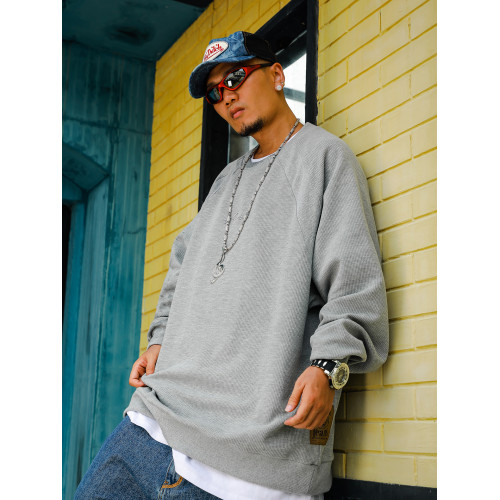 Acusa 基礎華夫格小領口螺紋拼接套頭寬松肥大純色t恤男長袖衛衣 Acusa 基礎華夫格小領口螺紋拼接套頭寬松肥大純色t恤男長袖衛衣