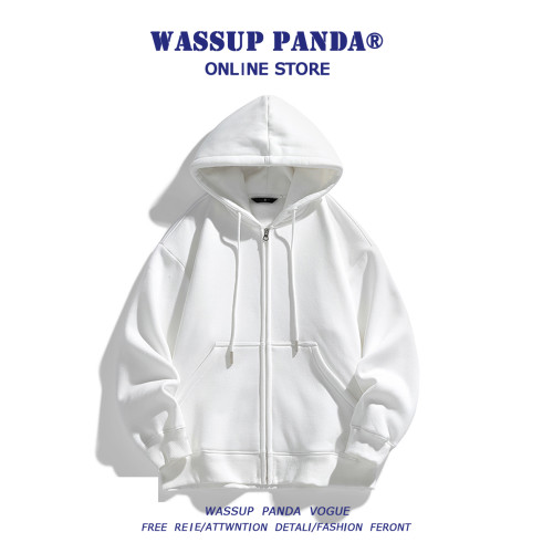 WASSUP PANDA連帽開衫衛衣男2025新款春秋寬松百搭情侶白色外套