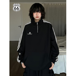 ROUTE66/66號公路秋冬美式復古運動立領情侶款半拉鍊衛衣翻領上衣