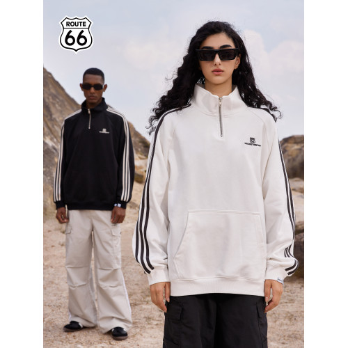 ROUTE66/66號公路秋冬美式復古運動立領情侶款半拉鍊衛衣翻領上衣 ROUTE66/66號公路秋冬美式復古運動立領情侶款半拉鍊衛衣翻領上衣
