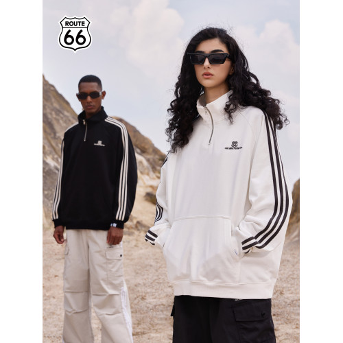 ROUTE66/66號公路秋冬美式復古運動立領情侶款半拉鍊衛衣翻領上衣 ROUTE66/66號公路秋冬美式復古運動立領情侶款半拉鍊衛衣翻領上衣