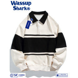 Wassup Shark美式復古翻領衛衣男秋季寬松polo衫男女情侶學生上衣