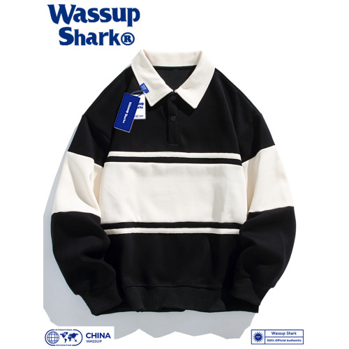 Wassup Shark美式復古翻領衛衣男秋季寬松polo衫男女情侶學生上衣 Wassup Shark美式復古翻領衛衣男秋季寬松polo衫男女情侶學生上衣