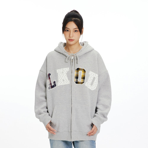 LKSTORE LKOD2024秋季新款潮牌格子碎花貼布外套男女同款帽衫長袖 LKSTORE LKOD2024秋季新款潮牌格子碎花貼布外套男女同款帽衫長袖