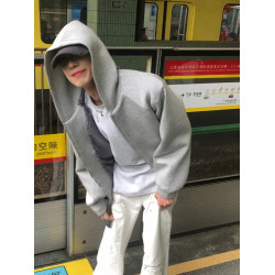 灰色美式復古重磅連帽衛衣開衫男春秋款潮牌高級感痞帥短款外套