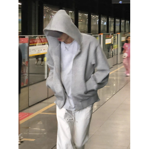 灰色美式復古重磅連帽衛衣開衫男春秋款潮牌高級感痞帥短款外套 灰色美式復古重磅連帽衛衣開衫男春秋款潮牌高級感痞帥短款外套