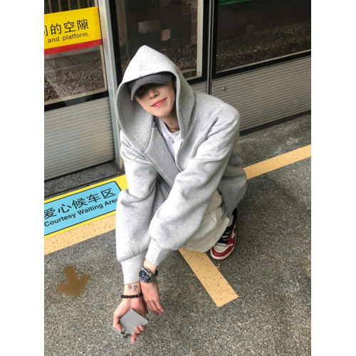 灰色美式復古重磅連帽衛衣開衫男春秋款潮牌高級感痞帥短款外套 灰色美式復古重磅連帽衛衣開衫男春秋款潮牌高級感痞帥短款外套