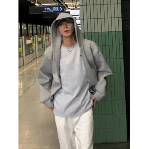 灰色美式復古重磅連帽衛衣開衫男春秋款潮牌高級感痞帥短款外套 灰色美式復古重磅連帽衛衣開衫男春秋款潮牌高級感痞帥短款外套