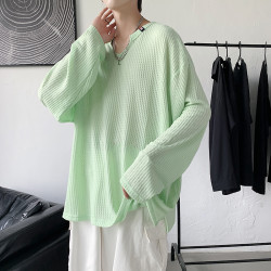 特大碼300斤美式華夫格t恤男寬松休閒薄款垂感V領針織打底上衣潮