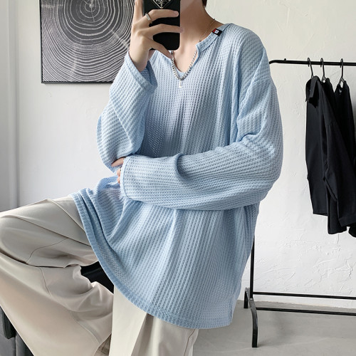 特大碼300斤美式華夫格t恤男寬松休閒薄款垂感V領針織打底上衣潮 特大碼300斤美式華夫格t恤男寬松休閒薄款垂感V領針織打底上衣潮