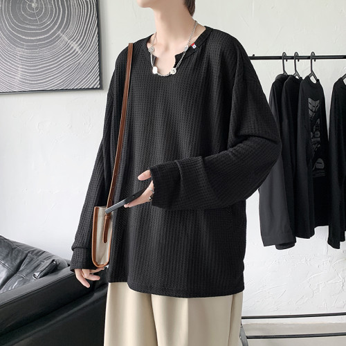 特大碼300斤美式華夫格t恤男寬松休閒薄款垂感V領針織打底上衣潮 特大碼300斤美式華夫格t恤男寬松休閒薄款垂感V領針織打底上衣潮