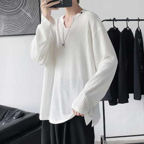 特大碼300斤美式華夫格t恤男寬松休閒薄款垂感V領針織打底上衣潮 特大碼300斤美式華夫格t恤男寬松休閒薄款垂感V領針織打底上衣潮