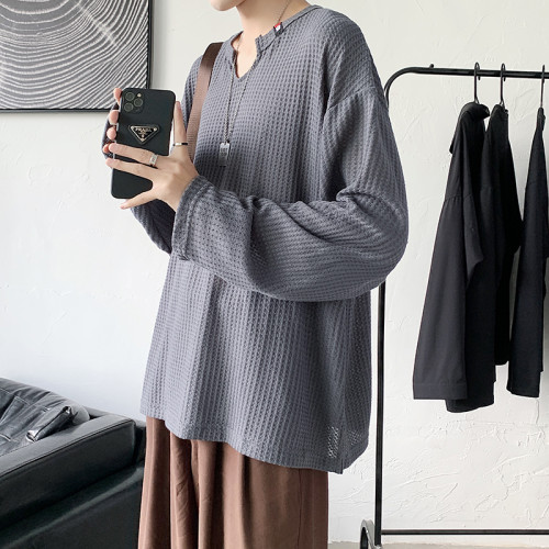 特大碼300斤美式華夫格t恤男寬松休閒薄款垂感V領針織打底上衣潮 特大碼300斤美式華夫格t恤男寬松休閒薄款垂感V領針織打底上衣潮