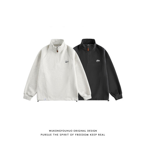 悟空有貨秋季簡約刺綉立領半拉鍊衛衣男潮牌寬松休閒百搭運動上衣