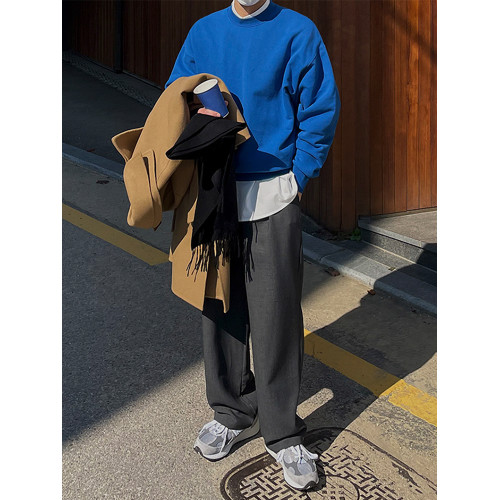 MRCYC圓領長袖衛衣男士秋季韓系ins潮流寬鬆休閒純棉純色套頭上衣