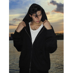 cleanfit黑色開衫連帽衛衣男款春秋季美式重磅拉鍊短款慵懶風外套