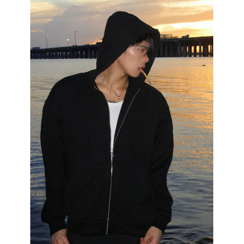 cleanfit黑色開衫連帽衛衣男款春秋季美式重磅拉鍊短款慵懶風外套 cleanfit黑色開衫連帽衛衣男款春秋季美式重磅拉鍊短款慵懶風外套