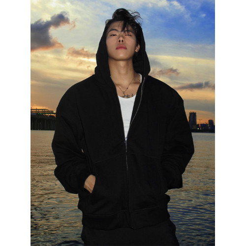 cleanfit黑色開衫連帽衛衣男款春秋季美式重磅拉鍊短款慵懶風外套 cleanfit黑色開衫連帽衛衣男款春秋季美式重磅拉鍊短款慵懶風外套