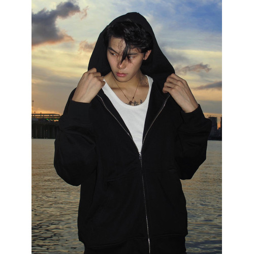 cleanfit黑色開衫連帽衛衣男款春秋季美式重磅拉鍊短款慵懶風外套 cleanfit黑色開衫連帽衛衣男款春秋季美式重磅拉鍊短款慵懶風外套