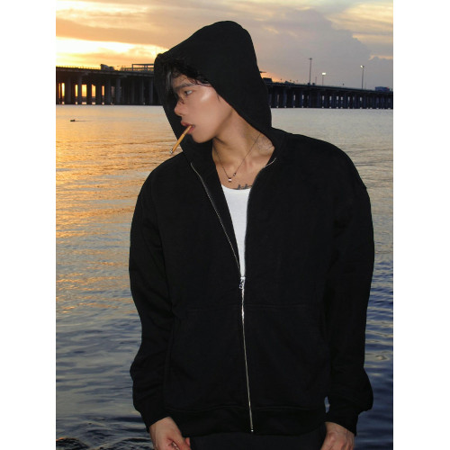 cleanfit黑色開衫連帽衛衣男款春秋季美式重磅拉鍊短款慵懶風外套 cleanfit黑色開衫連帽衛衣男款春秋季美式重磅拉鍊短款慵懶風外套