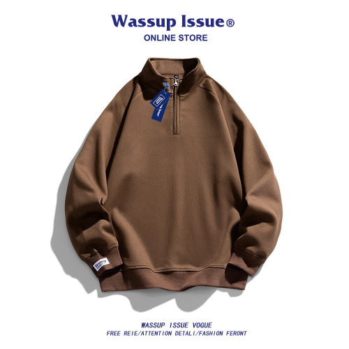 WASSUP ISSUE半拉鍊高領衛衣男秋季日系復古純色外套百搭上衣潮流 WASSUP ISSUE半拉鍊高領衛衣男秋季日系復古純色外套百搭上衣潮流