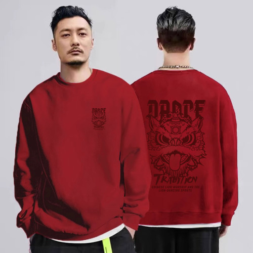 醒獅頭國潮紅色衛衣男加絨加厚秋冬新款寬松本命年圓領打底衫 醒獅頭國潮紅色衛衣男加絨加厚秋冬新款寬松本命年圓領打底衫