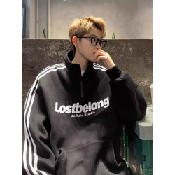 大碼300斤加絨加厚半拉鍊立領衛衣男秋冬無帽美式青少年潮牌外套2