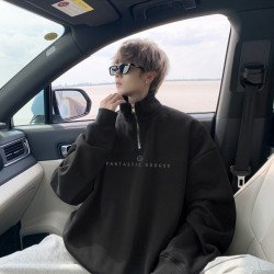 600G重磅加絨翻領衛衣男冬季寬松字母打底衫拉鍊立領情侶外套潮流